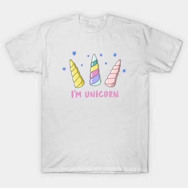 I am a unicorn. Vector illustration with unicorn horns and the inscription. Cartoon design for kids poster or card T-Shirt by Var Space